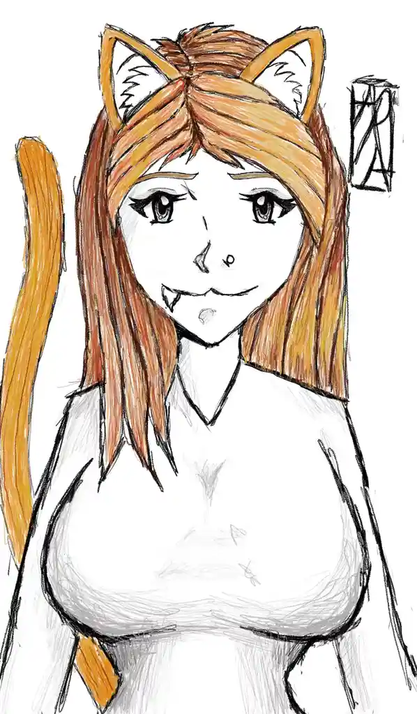 A hand-drawn anime-style illustration of a female character with orange cat ears, a matching tail, and fangs, wearing a…