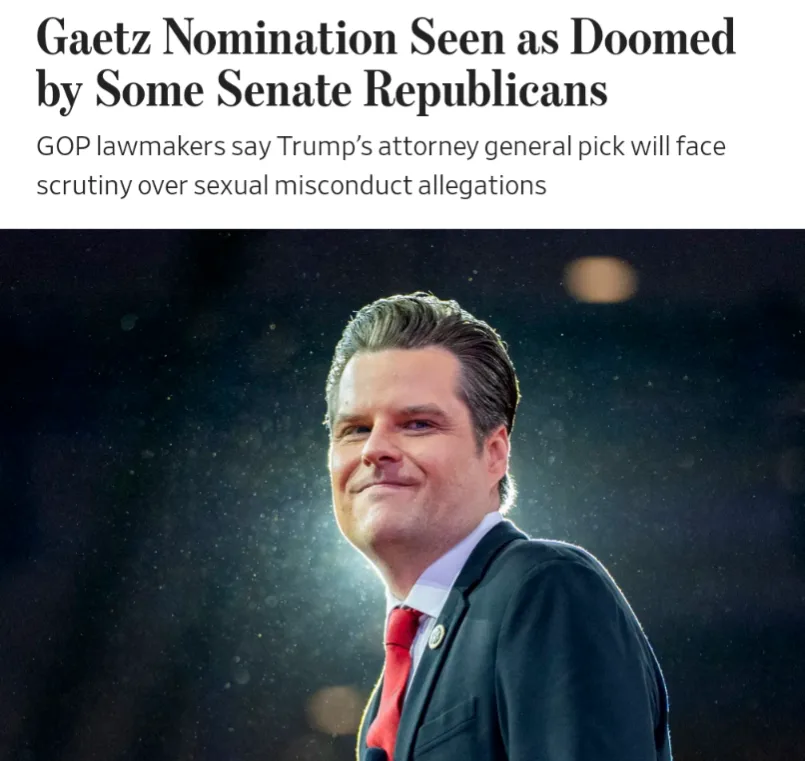A news headline reads 'Gaetz Nomination Seen as Doomed by Some Senate Republicans' with a subheading about scrutiny over…
