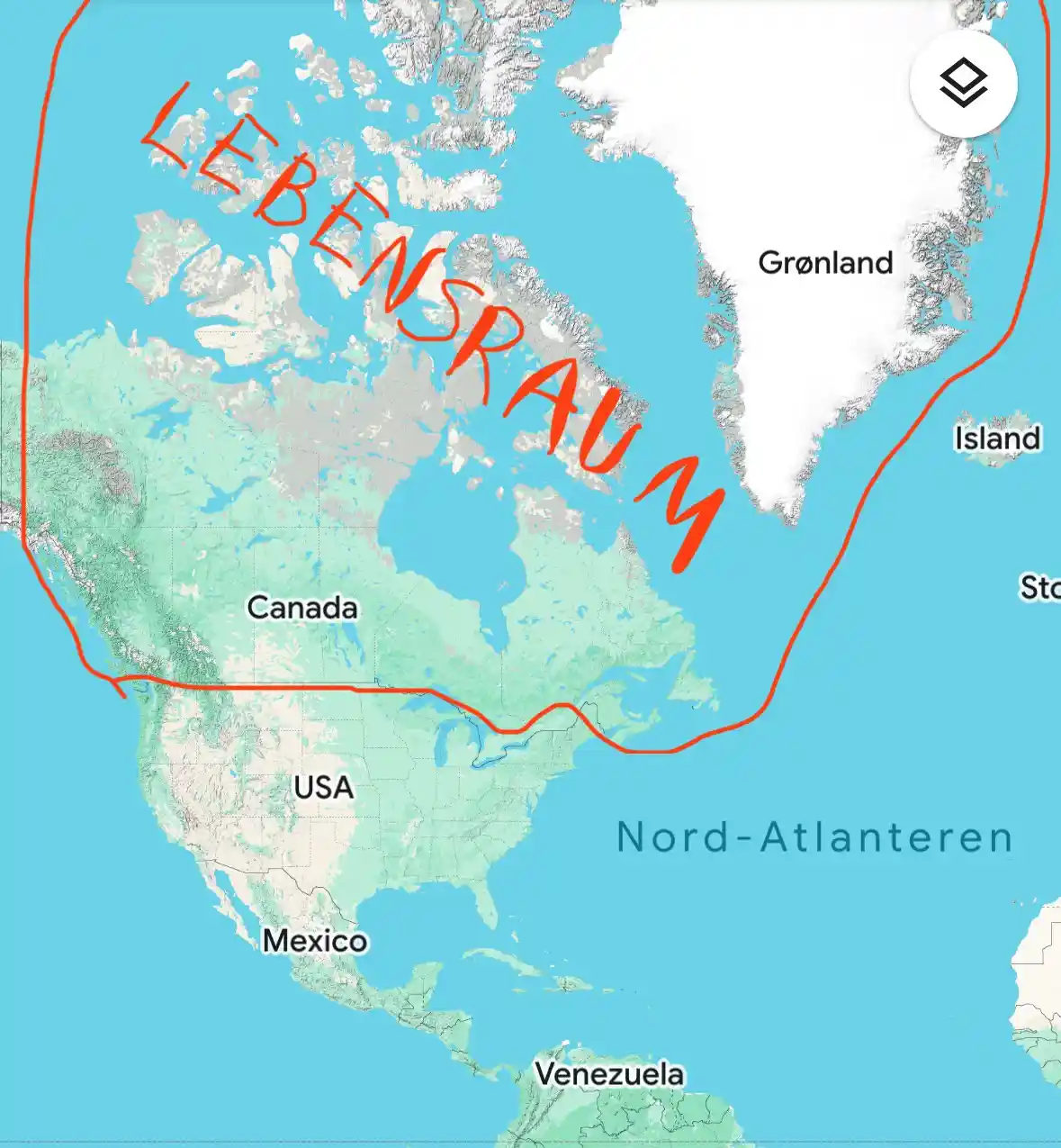 A map of North America and Greenland with a red hand-drawn line outlining a vast area labeled 'LEBENSRAUM' in red text…