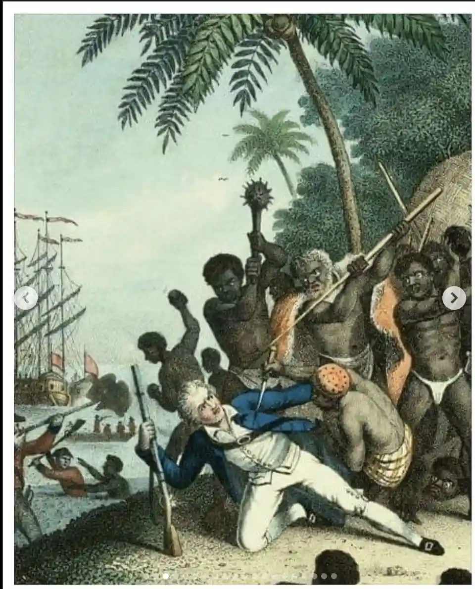 An old, colorful historical illustration depicts a European man in a blue coat and white pants being attacked by a group of…