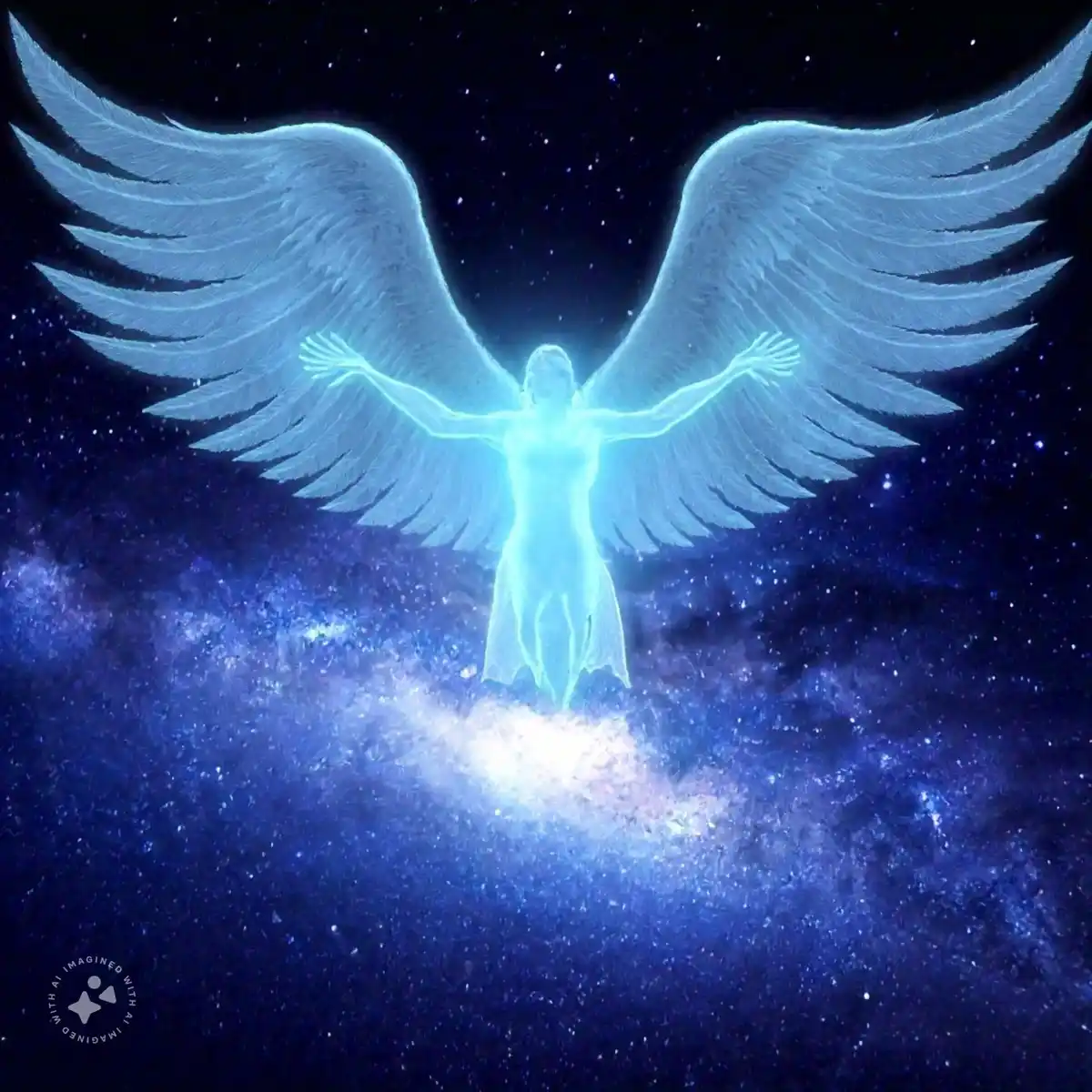 A glowing, ethereal angel with large, detailed wings stands with arms outstretched against a starry, cosmic background. The…