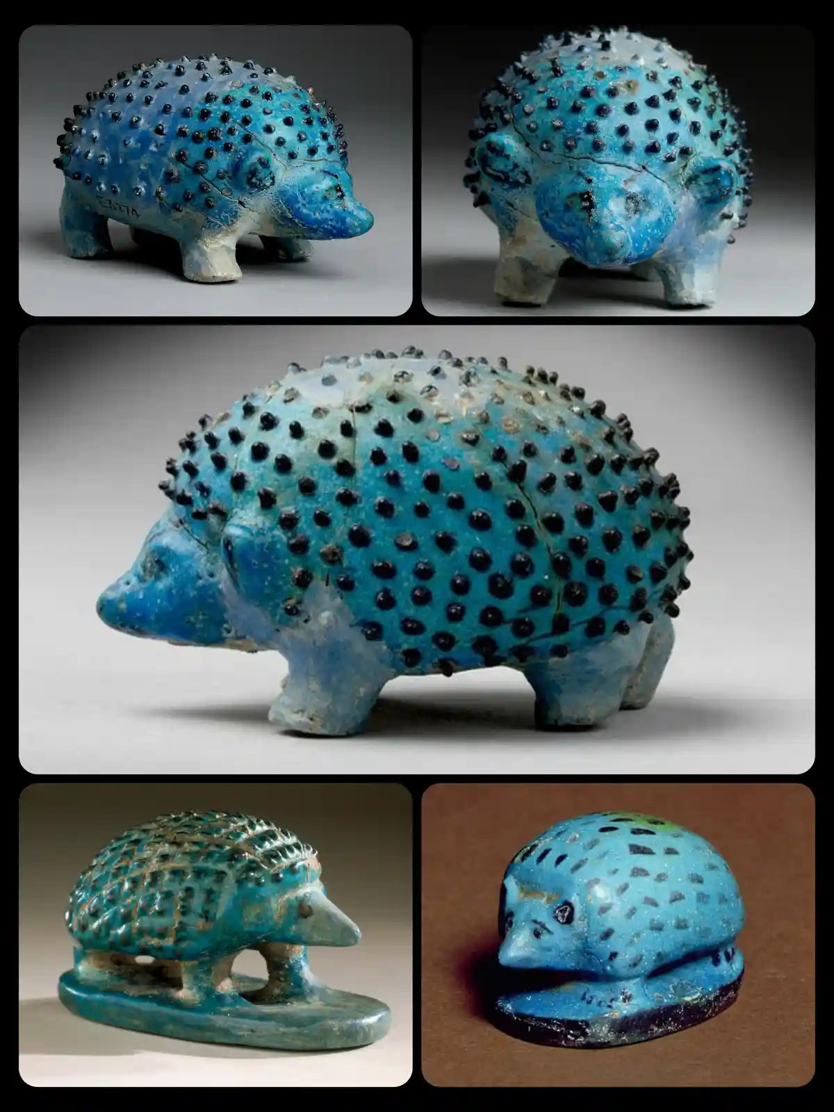 The image displays five ancient Egyptian blue faience figurines shaped like hedgehogs, each with black dot patterns…