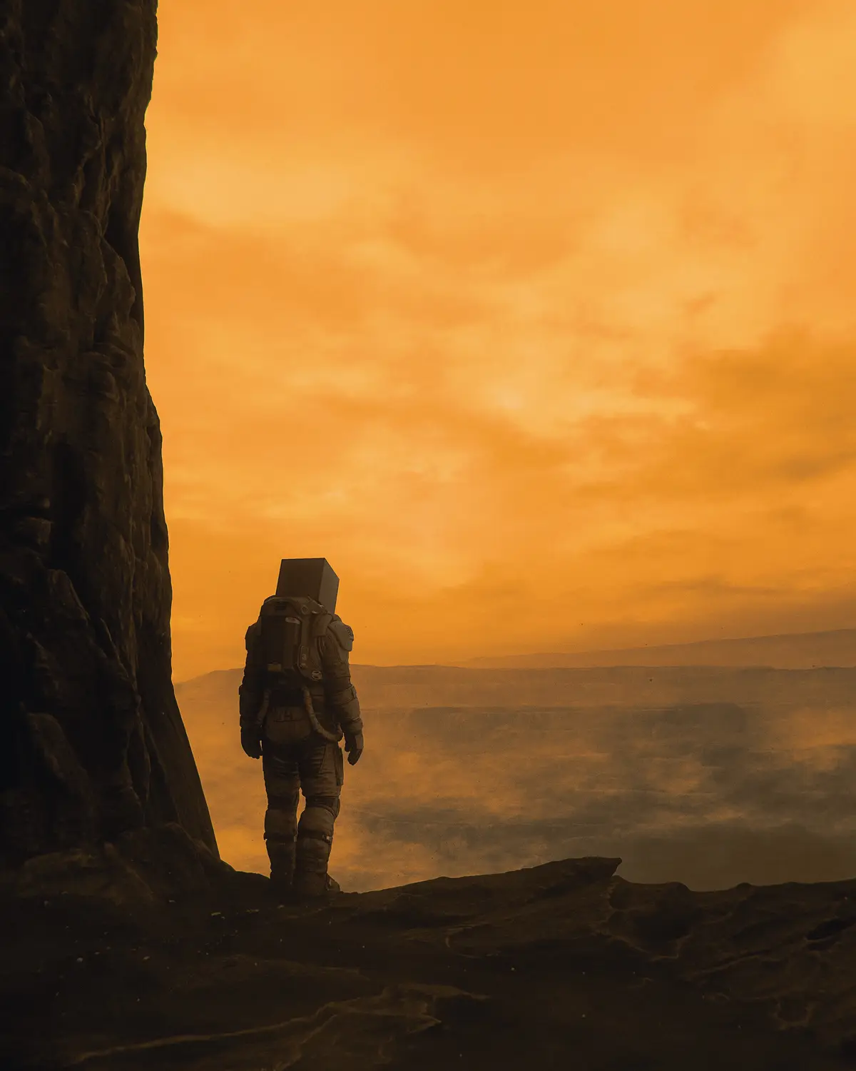 An astronaut in a full spacesuit stands on a rocky cliff edge overlooking a vast, orange-hued alien canyon under a hazy sky…