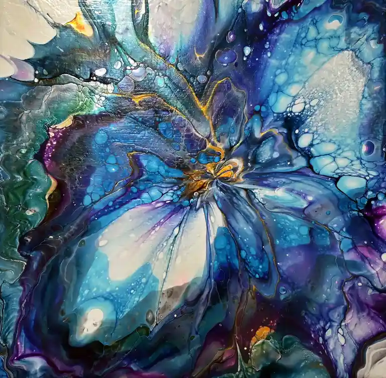 This abstract painting features swirling, marbled patterns of deep blues, purples, teals, and golds, resembling a cosmic…