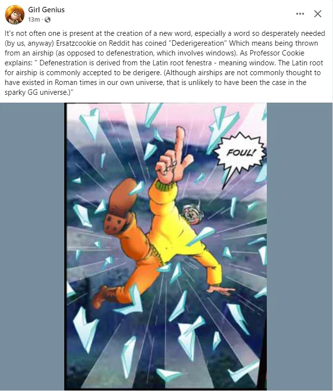 A cartoon character in a yellow suit and orange boots is shown mid-air, breaking through a glass pane with shards flying…