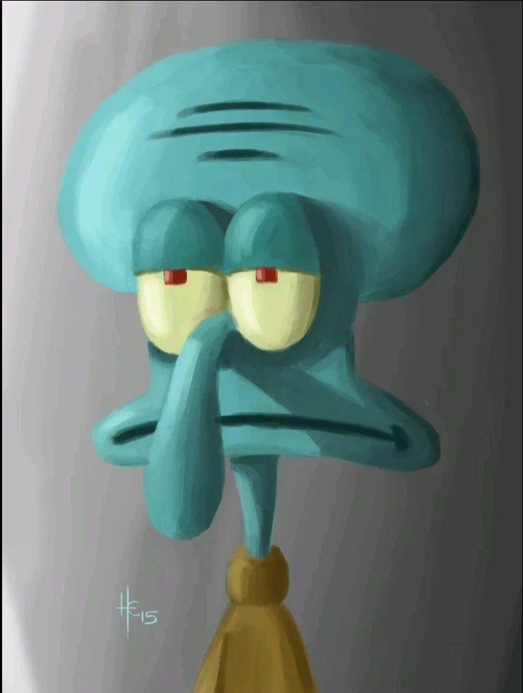 A painted portrait of the animated character Squidward Tentacles from SpongeBob SquarePants, depicted with a furious…