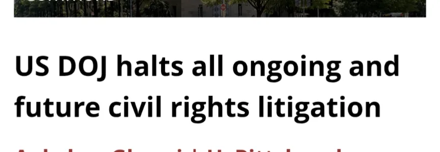 The image displays a screenshot of a news headline with bold black text stating 'US DOJ halts all ongoing and future civil…