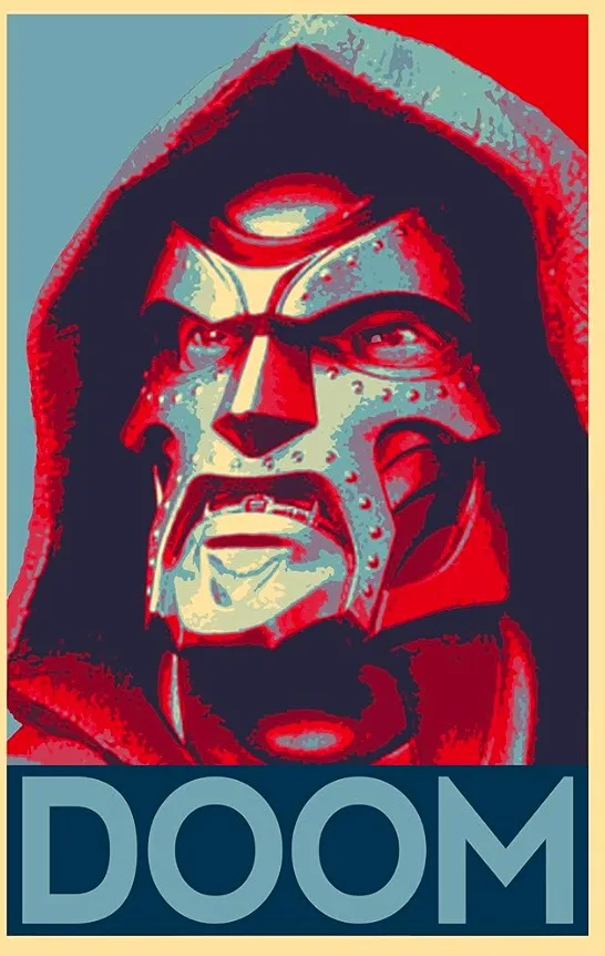 A stylized, posterized image of the character Doom, featuring his iconic armored face and red hood against a blue…
