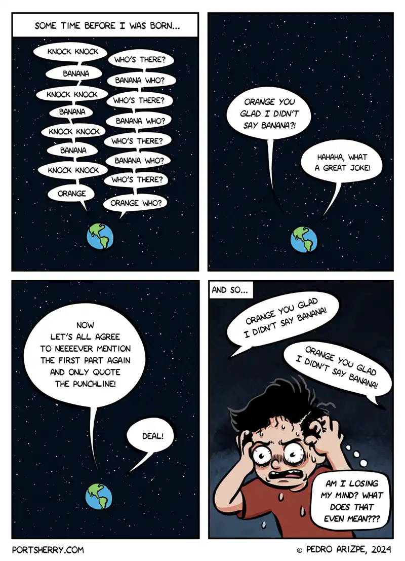A four-panel comic strip set in space with Earth visible. The first panel shows a knock-knock joke where the punchline is…