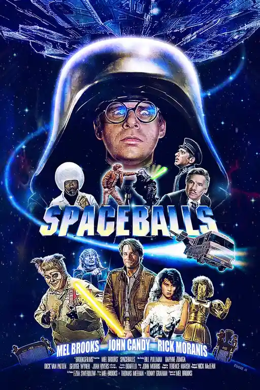 A movie poster for 'Spaceballs' features a large central image of a man in a Darth Vader-style helmet and glasses…