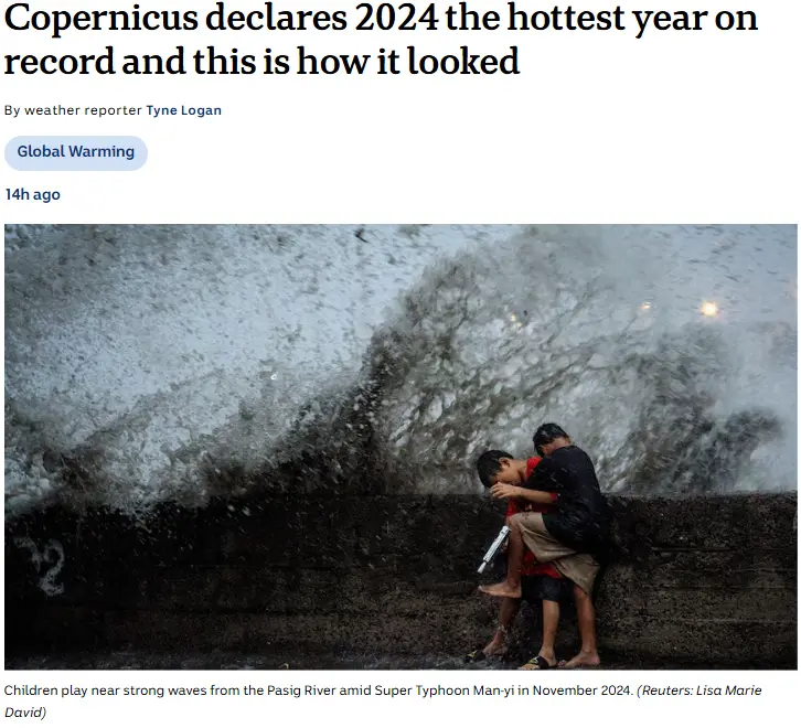 A news article screenshot shows a photo of two children huddled together near a massive, crashing wave from the Pasig River…