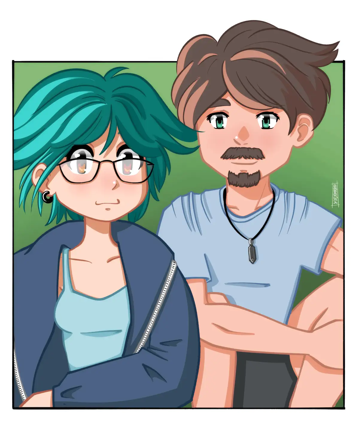 An anime-style illustration shows two people standing side-by-side against a green background. The person on the left, with…