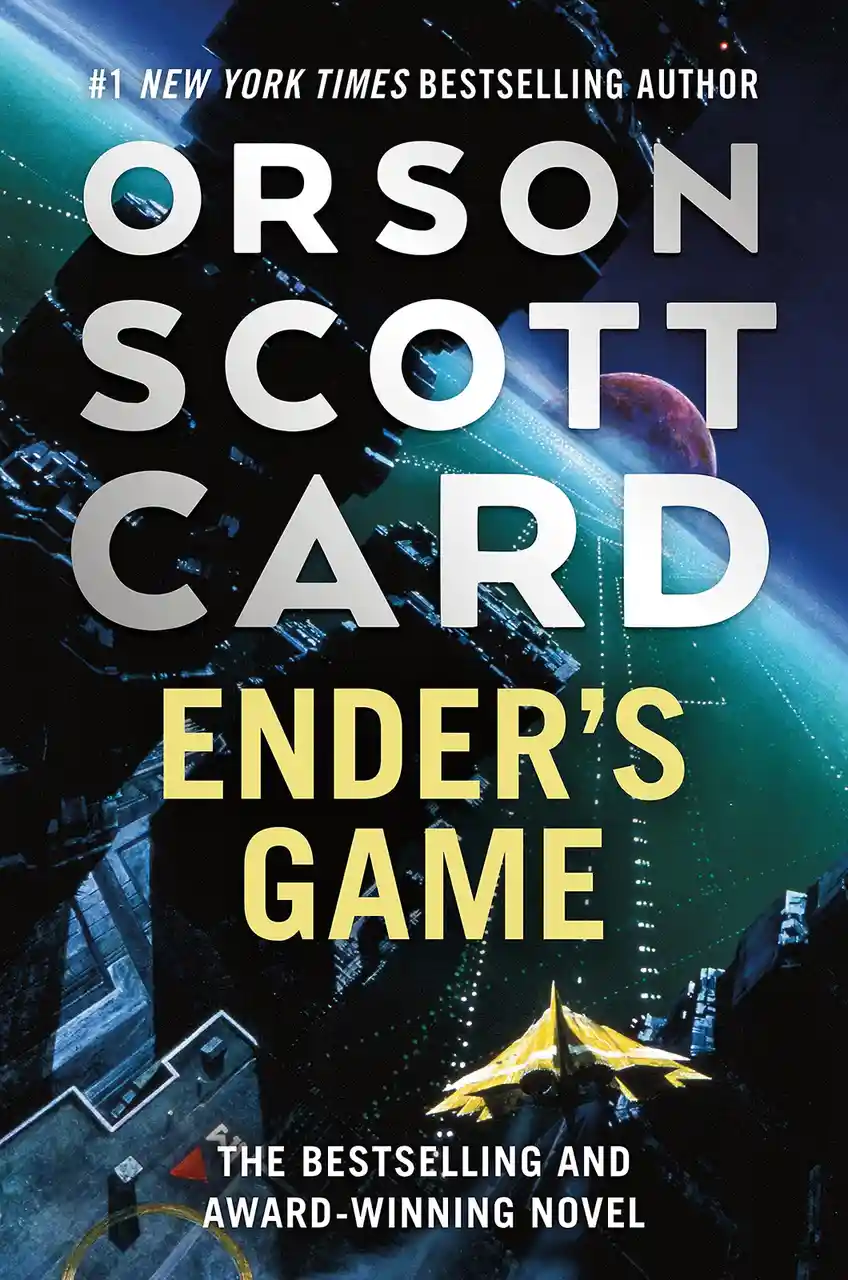 The image is the cover of the book 'Ender's Game' by Orson Scott Card, featuring a futuristic space scene with a spaceship…