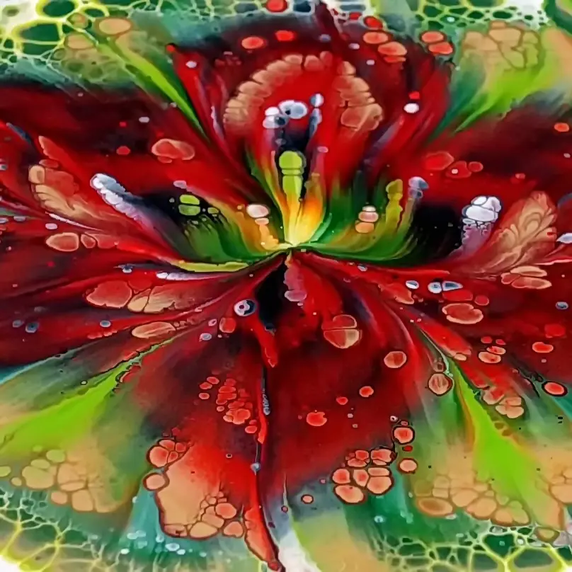 A vibrant abstract painting resembling a flower with red, green, and yellow swirling petals and bubble-like textures…