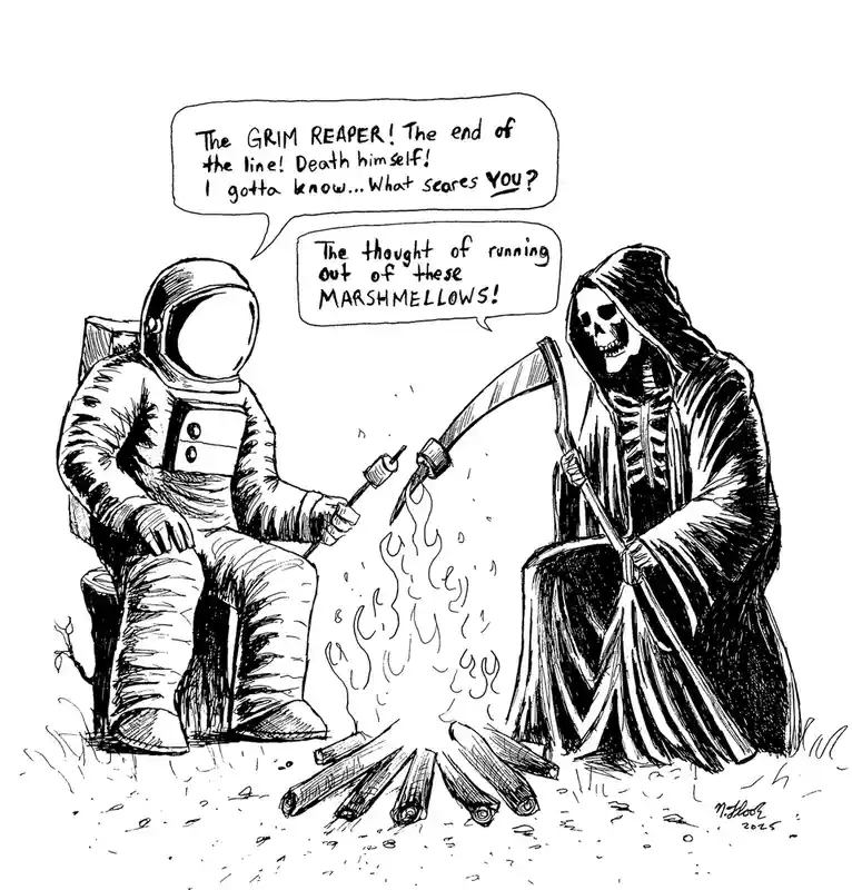 A black-and-white cartoon depicts an astronaut and the Grim Reaper sitting around a campfire, roasting marshmallows on…
