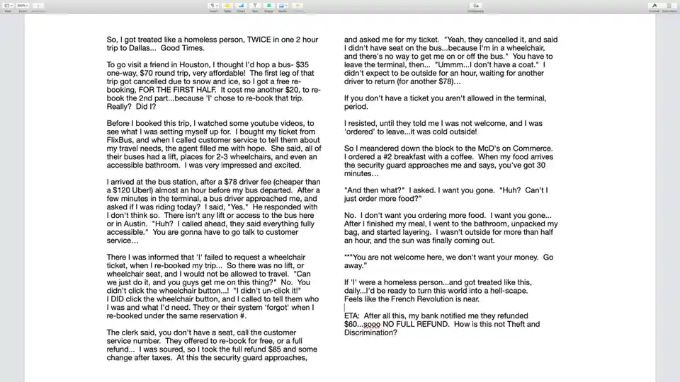A screenshot of a text document detailing a traveler's frustrating experience with FlixBus, where they were denied boarding…