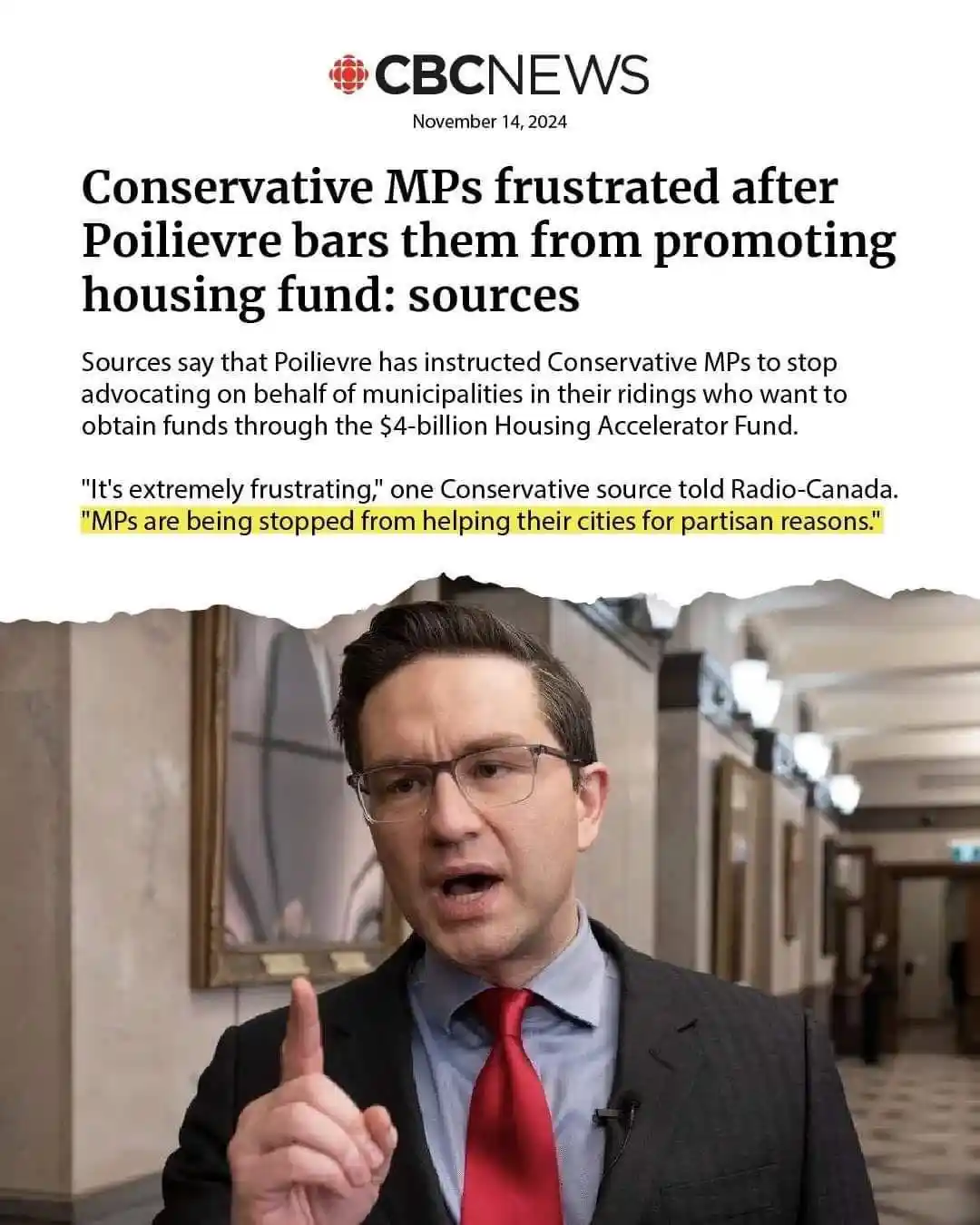 A screenshot of a CBC News article dated November 14, 2024, with the headline 'Conservative MPs frustrated after Poilievre…