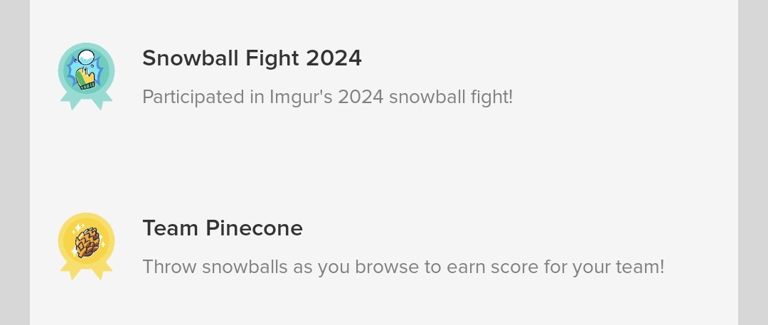 A screenshot of Imgur's 2024 Snowball Fight participation page showing two achievements: 'Snowball Fight 2024' with a blue…