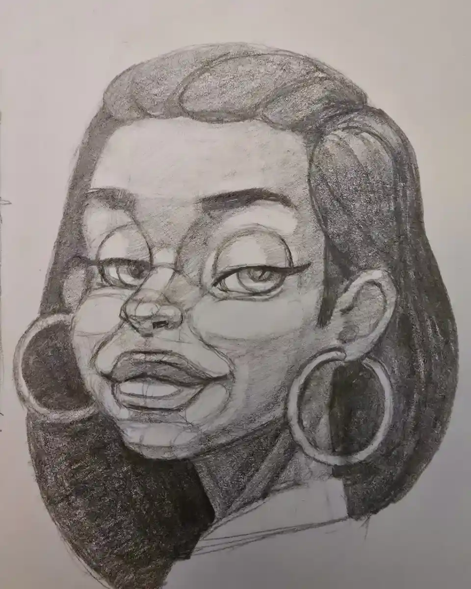 A pencil sketch of a woman with large hoop earrings and a slightly exaggerated facial expression, overlaid with the text…