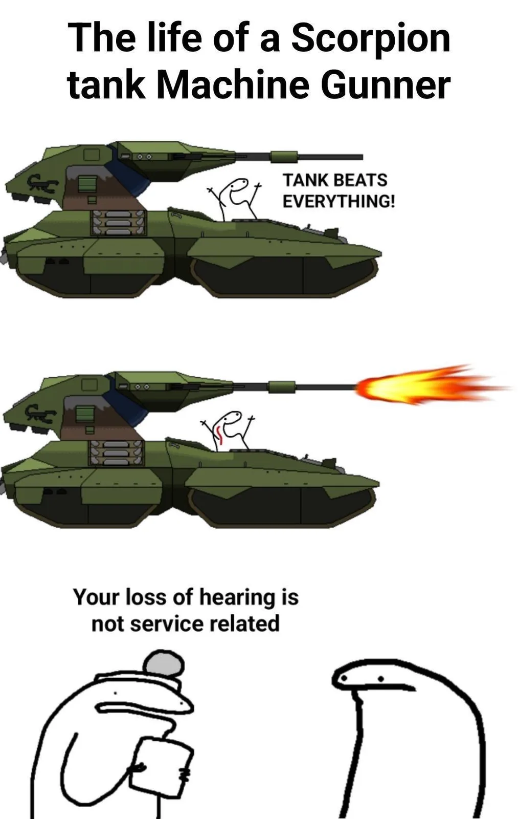 The image shows a green Scorpion tank with a stick figure gunner in the top panel, exclaiming 'TANK BEATS EVERYTHING!' while…