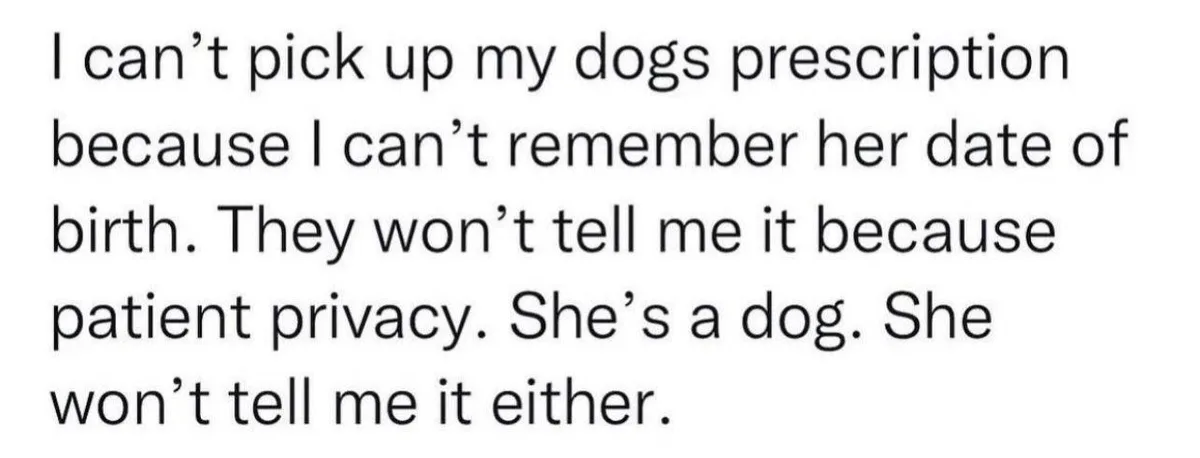 The image is a plain white background with black text that reads: 'I can't pick up my dogs prescription because I can't…