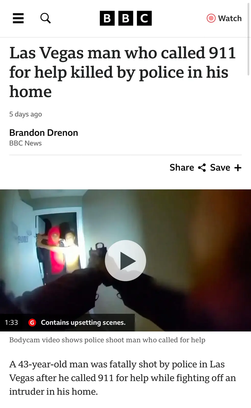 A screenshot of a BBC News article about a Las Vegas man killed by police while defending his home. The image shows a…