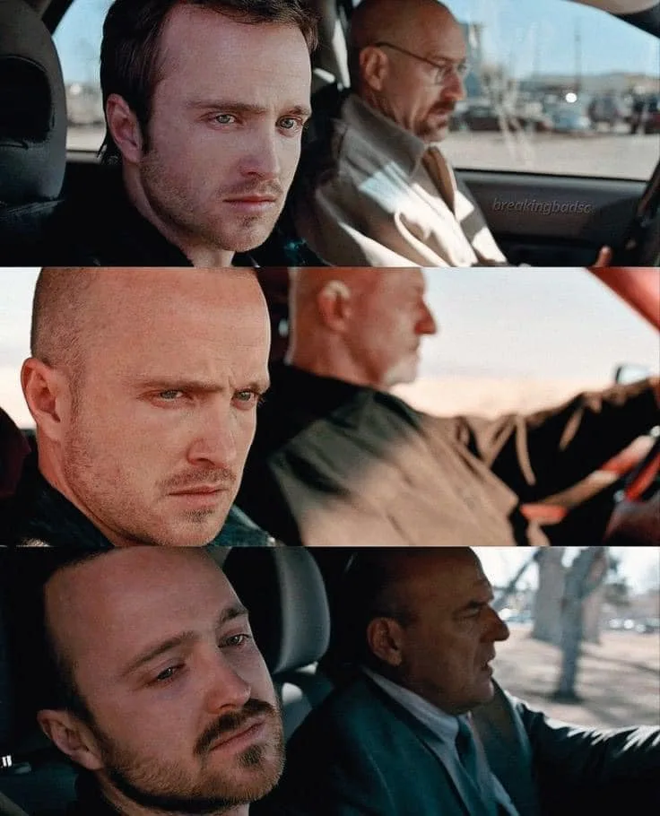 A three-panel meme from 'Breaking Bad' showing Jesse Pinkman's facial expressions changing from concerned to sad to…