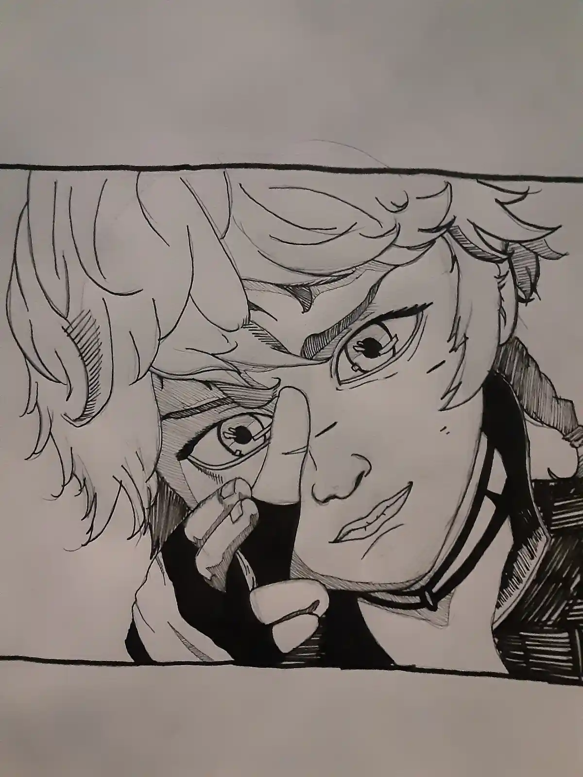A black-and-white sketch of an anime-style character with wide, intense eyes and a slightly open mouth, looking directly at…