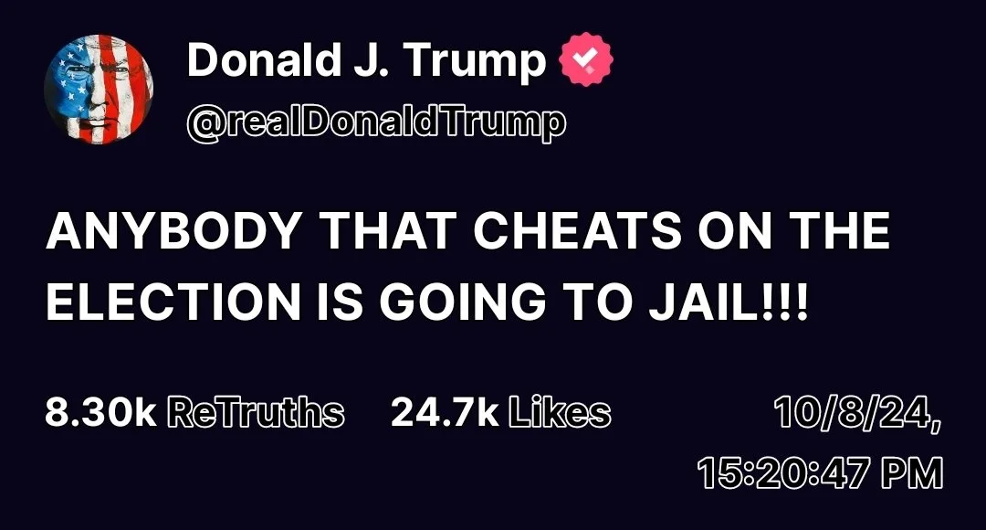 A mock Twitter post attributed to Donald J. Trump, featuring his profile picture with an American flag pattern over his…
