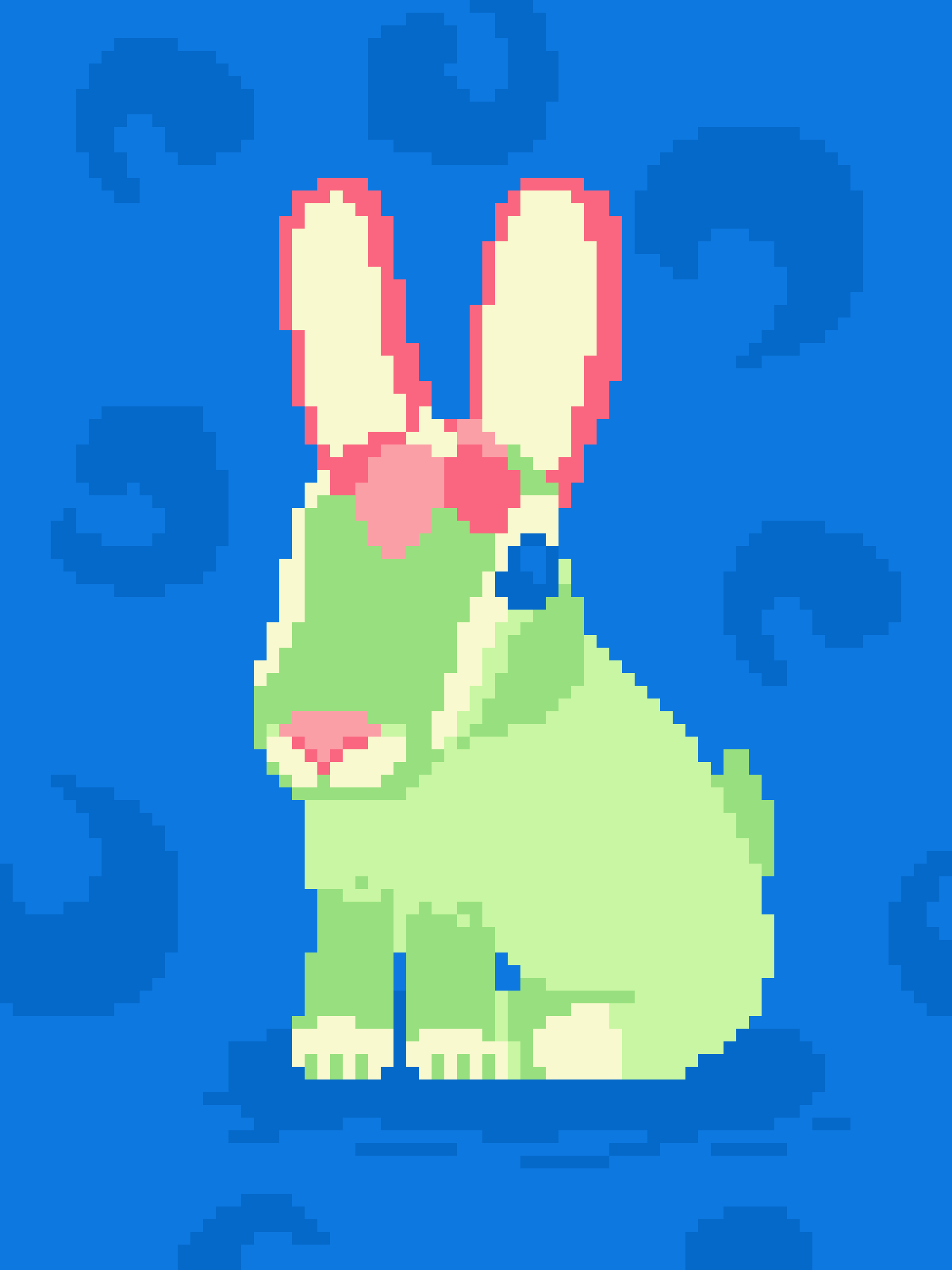 A pixelated green rabbit with long ears and a pink bow sits in blue water, surrounded by blue pixel clouds. The text…