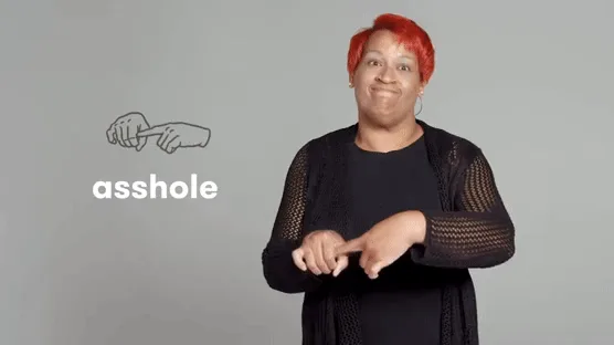 Six people each demonstrate a different offensive gesture while standing against a plain gray background. Each person is…
