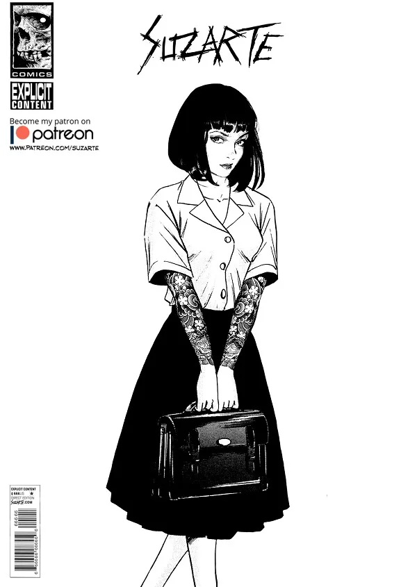 A black-and-white comic book cover featuring a woman with short bob hair and full sleeve tattoos under a collared shirt and…