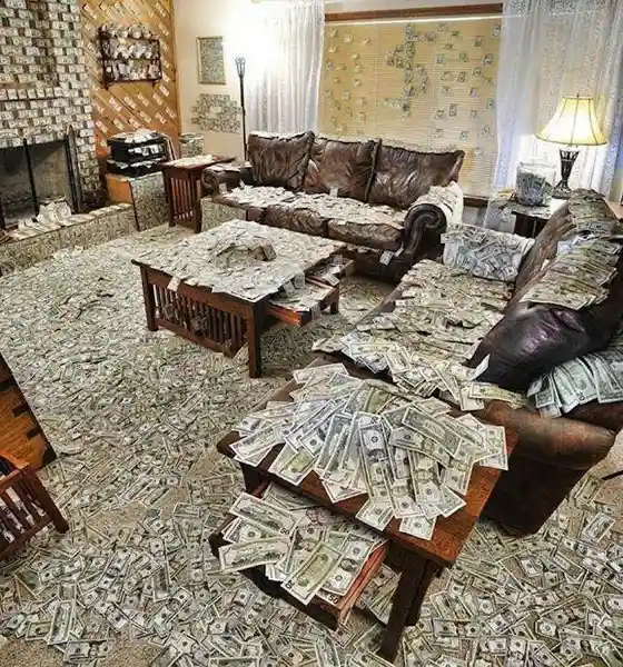 A living room is completely covered in scattered US dollar bills, with money piled on the floor, couches, coffee tables, and…