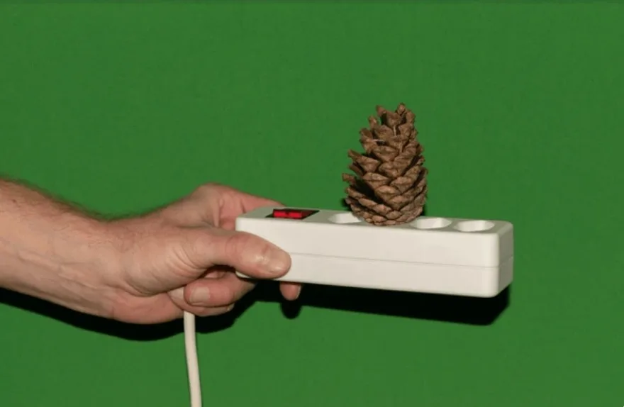 A hand holds a white power strip against a solid green background, with a pinecone balanced precariously on one of the empty…