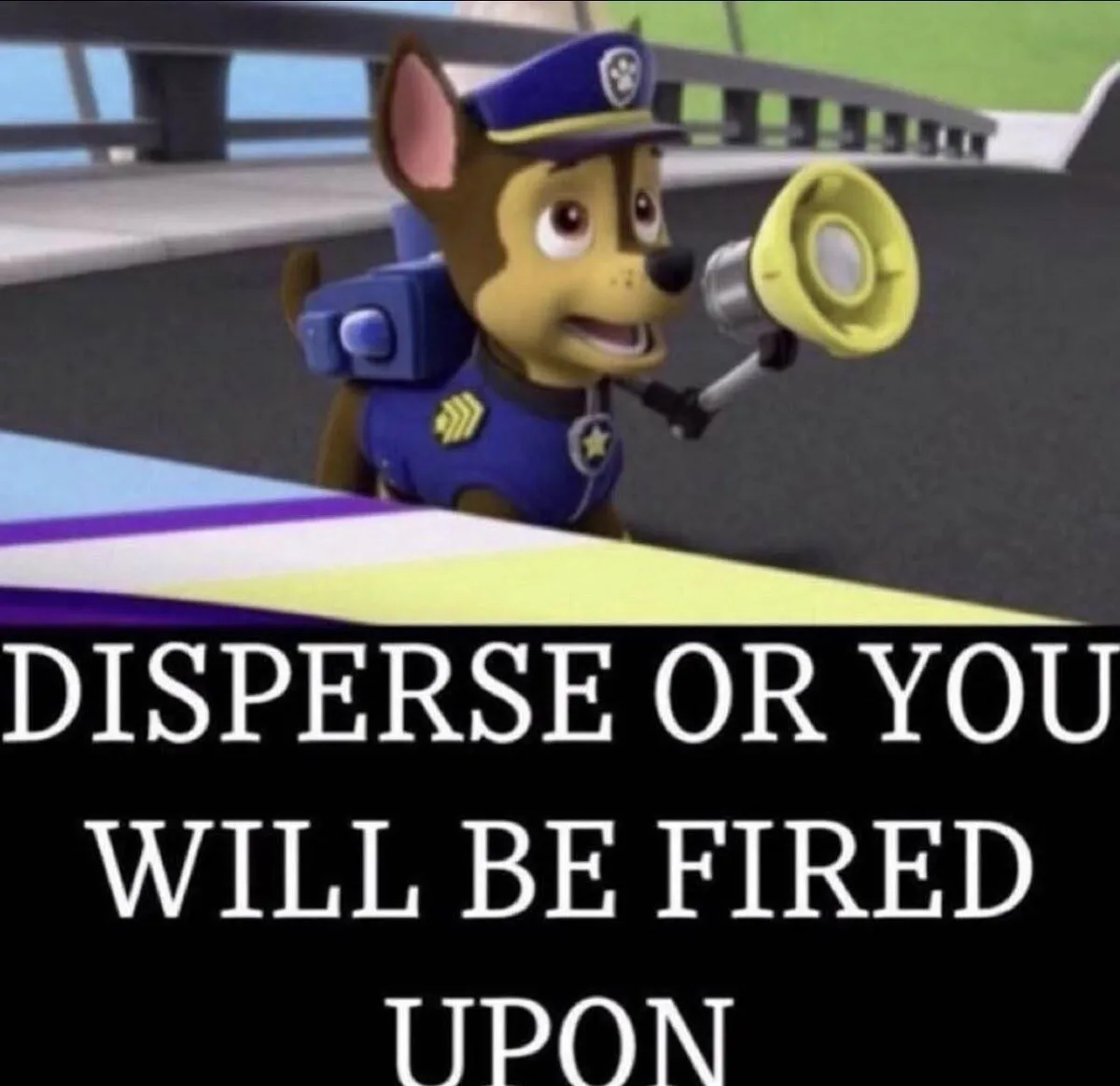 A cartoon police dog from Paw Patrol, Chase, is shown holding a megaphone while standing in a vehicle. The image has a black…