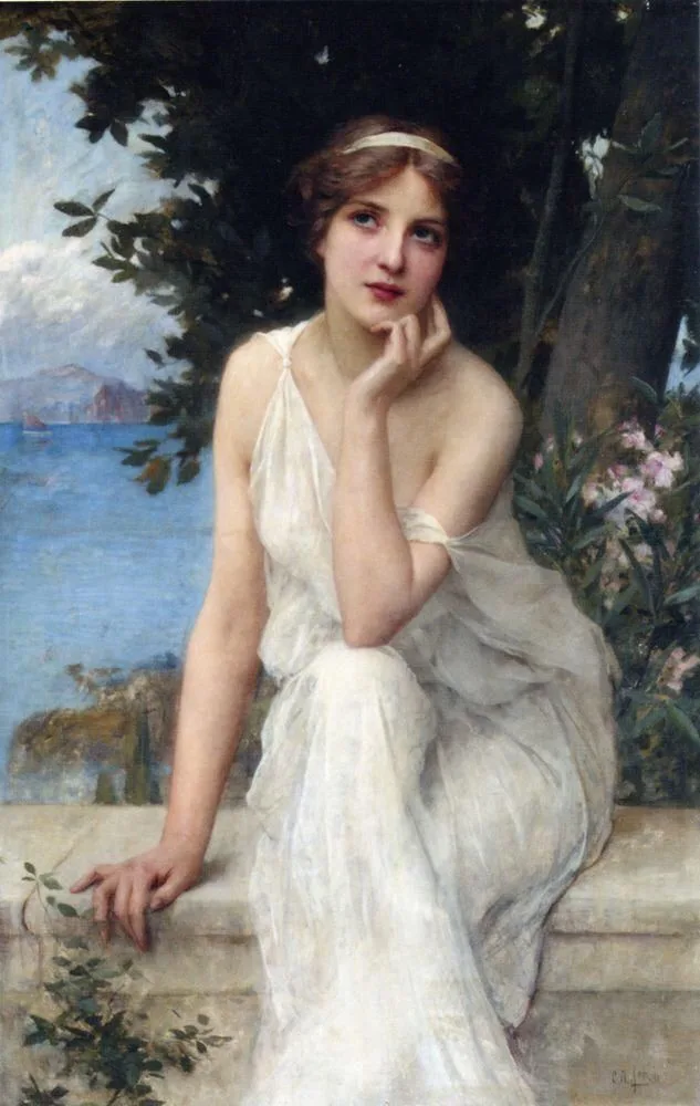 A classical painting depicts a woman in a flowing white dress sitting on stone steps outdoors, with a scenic coastal view…