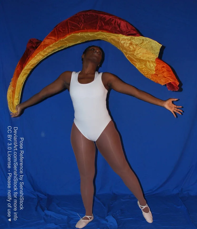 A dancer in a white leotard and ballet shoes poses gracefully against a blue backdrop, holding a flowing red and yellow…