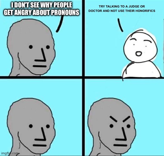 A four-panel comic strip featuring a gray-skinned, bald, neutral-faced character in the top-left panel, then a…