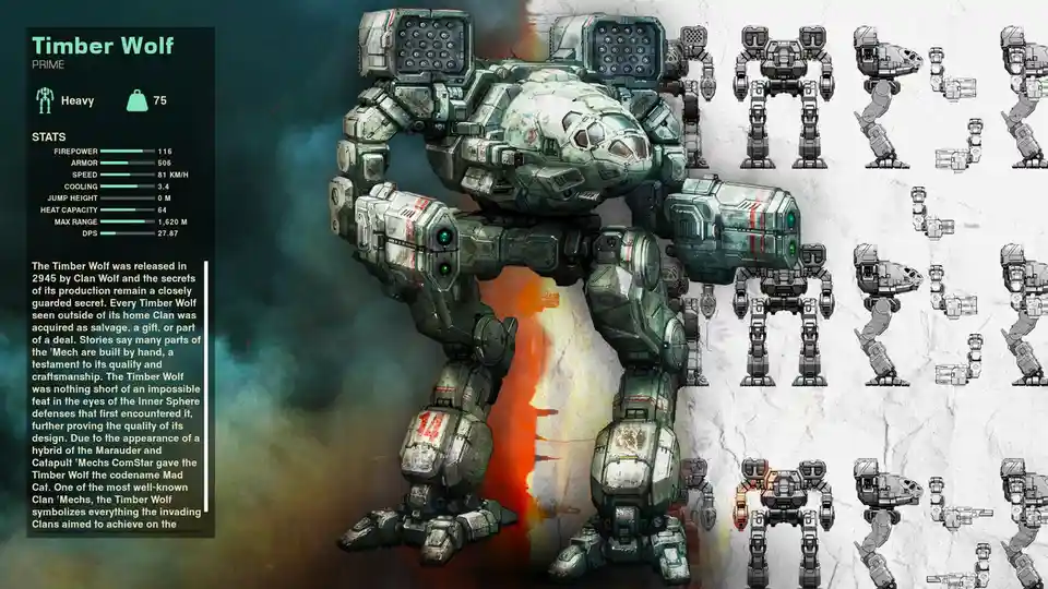 The image displays a detailed profile of the 'Timber Wolf' mech from the BattleTech universe, featuring its stats, lore, and…