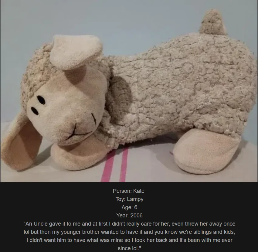 A beige, textured plush sheep toy named 'Lumpy' is shown lying on a surface with pink stripes. Overlaid text identifies the…