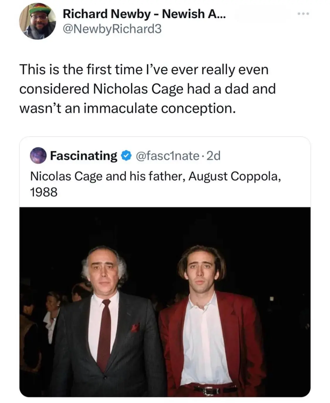A screenshot of a tweet thread shows a user reacting to a photo of Nicolas Cage and his father, August Coppola, from 1988…