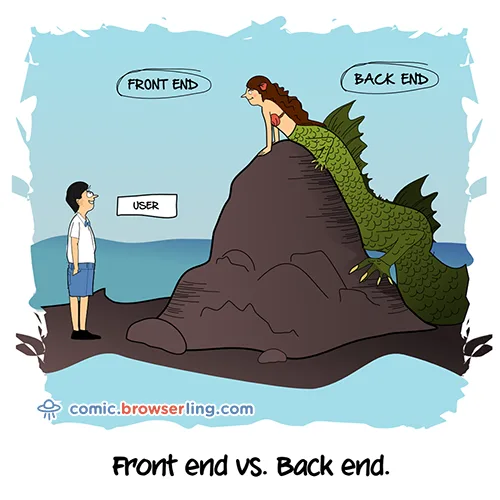 A cartoon depicts a user standing before a large rock formation where a mermaid with a dragon-like tail is perched. The…
