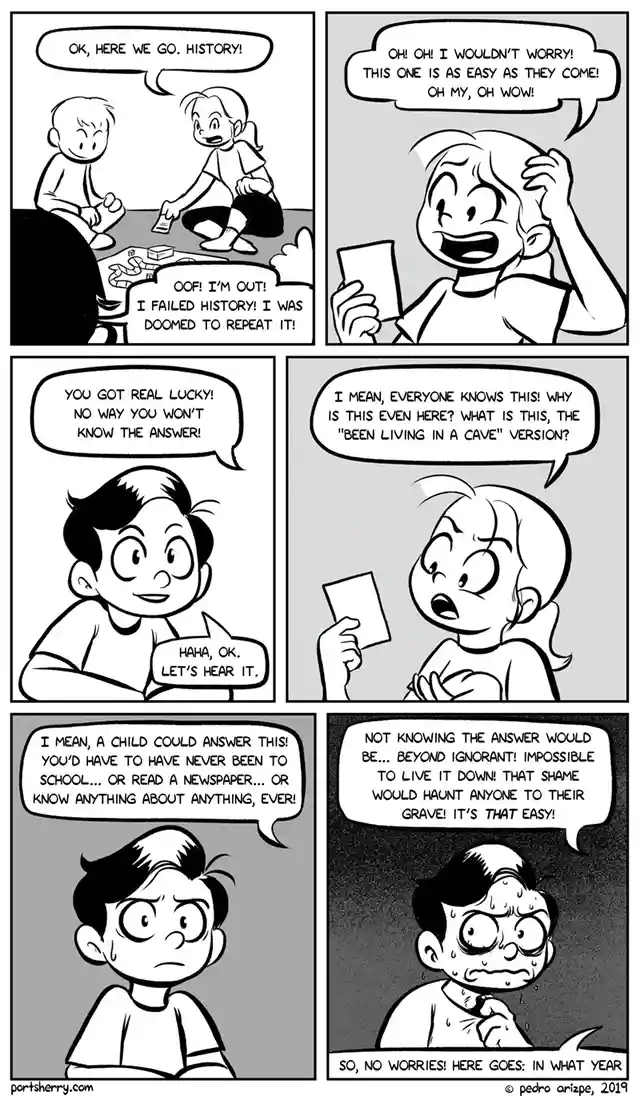 A six-panel black-and-white comic strip shows two children playing a history trivia game. The girl confidently answers a…