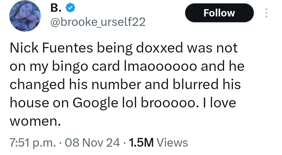 A screenshot of a Twitter post by user @brooke_urself22, showing a tweet that reads 'Nick Fuentes being doxxed was not on my…