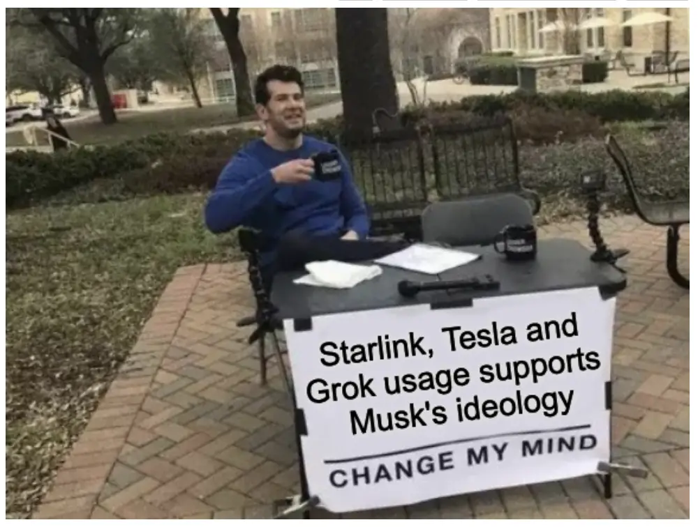 A man sits at a small outdoor table in a park, holding a mug, with a sign in front of him that reads 'Starlink, Tesla and…