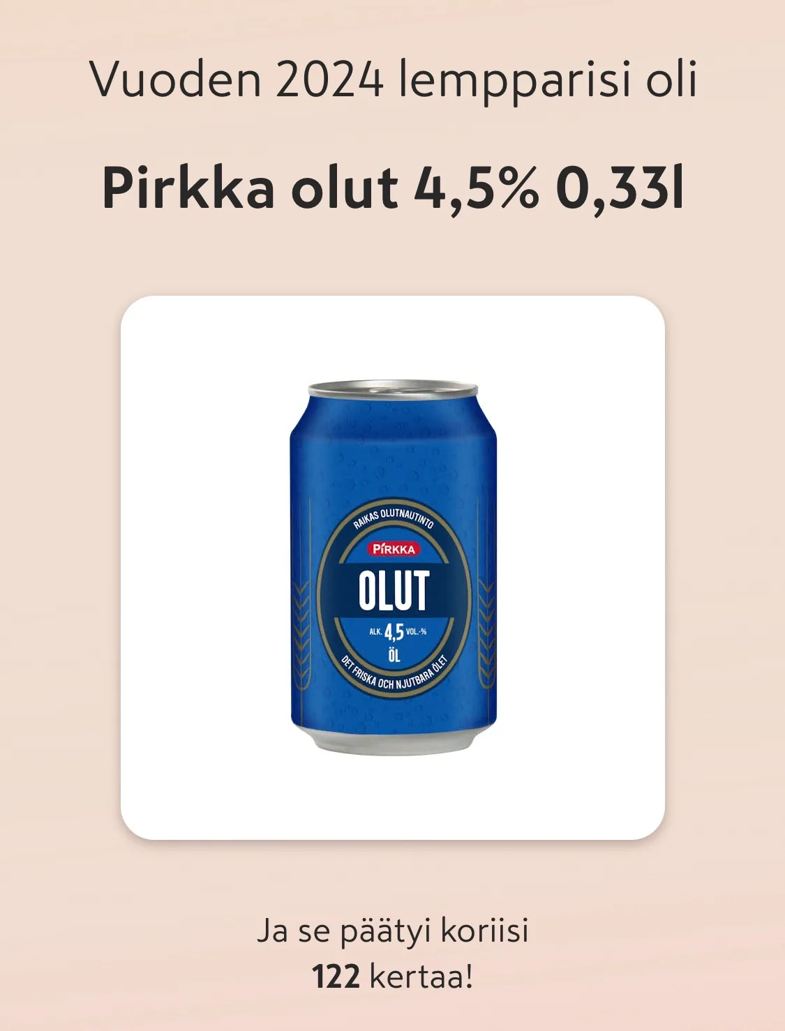 A blue Pirkka beer can with 4.5% alcohol content is centered on a white background, framed by beige text. The top text…