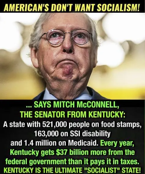 A close-up photo of Mitch McConnell with a pained, disgusted facial expression. Overlaid text in bold yellow and green…