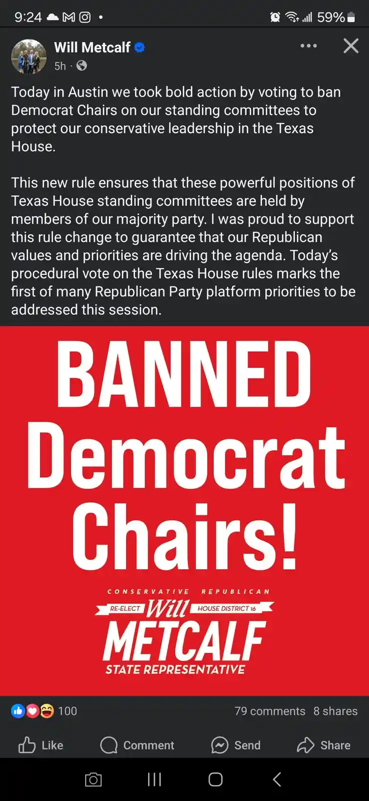 A screenshot of a Facebook post by Will Metcalf, a Texas State Representative, announcing a vote to ban Democrat chairs on…