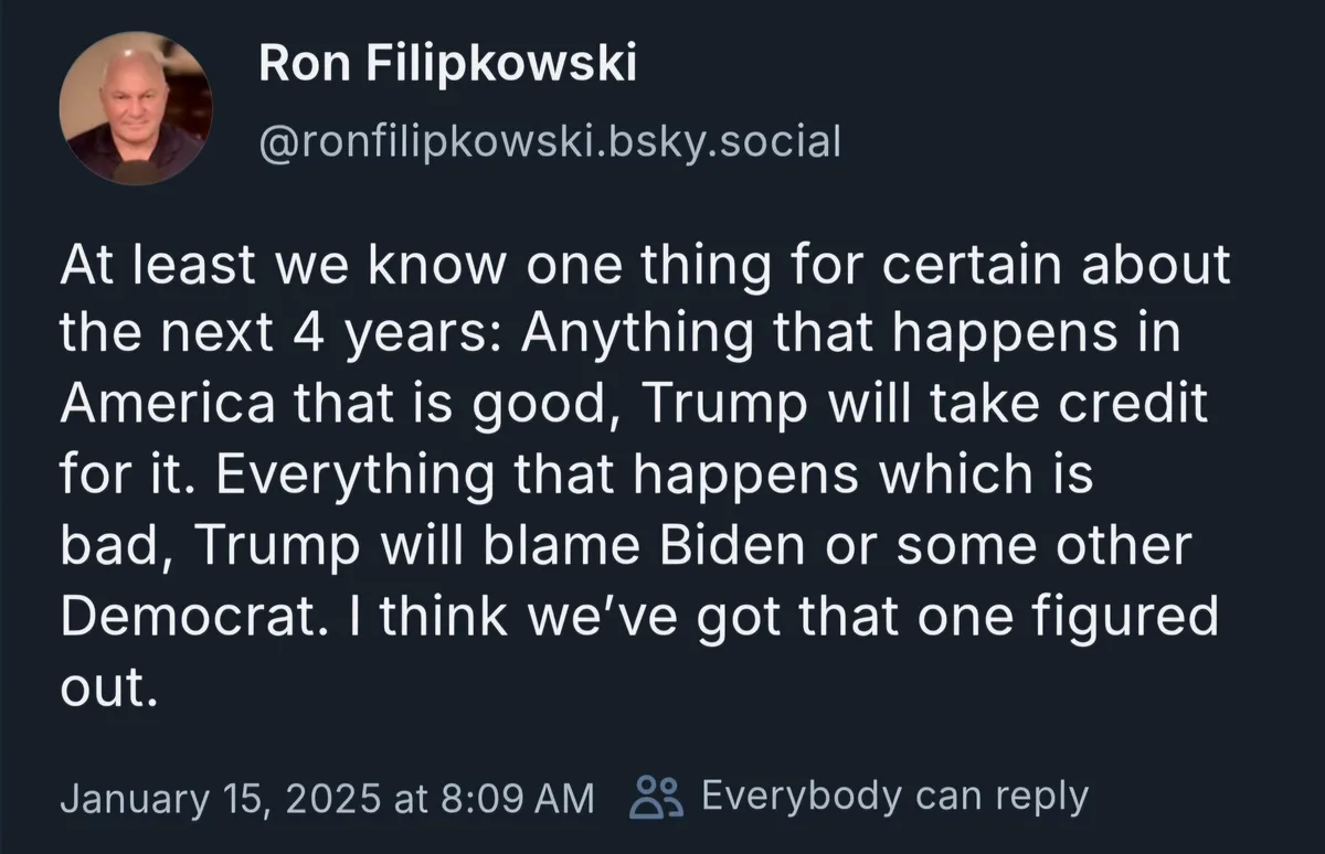 A screenshot of a social media post by Ron Filipkowski, dated January 15, 2025, which states that anything good in America…