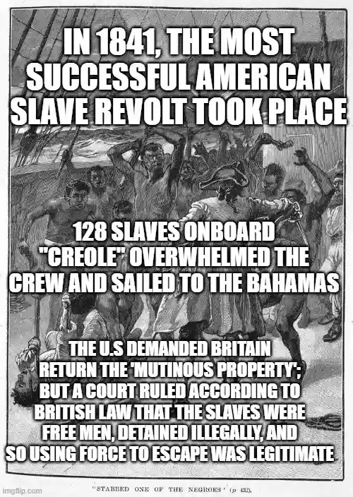 A black-and-white historical illustration depicts a chaotic scene of enslaved people overpowering ship crew members on a…
